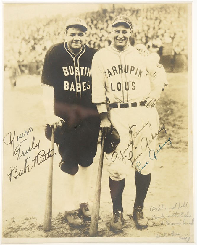 Ruth and Gehrig - 1927 Bustin' Babes & Larrupin' Lou's Barnstorming Photograph Signed by Lou Gehrig (PSA)