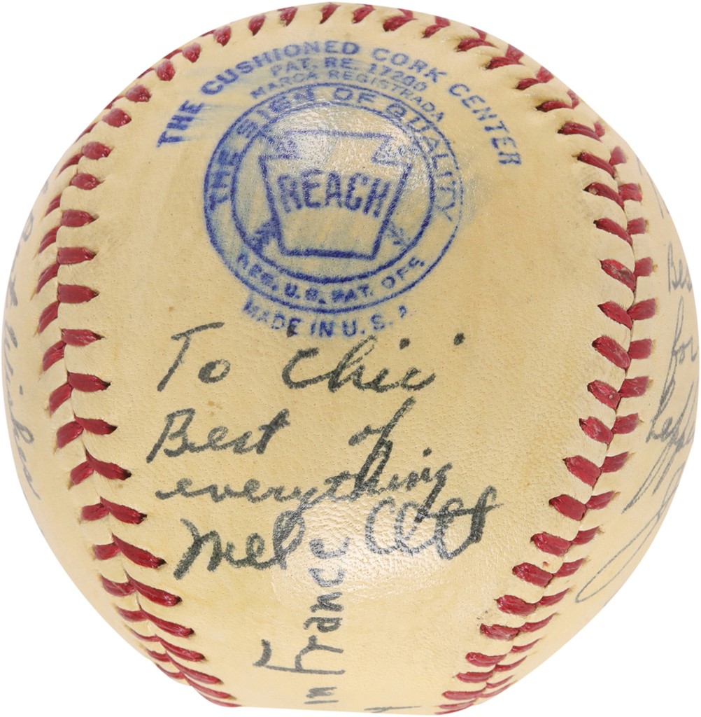 Baseball Autographs - Beautiful 1944 Mel Ott and Legends Signed USO Baseball in France During WWII (PSA)