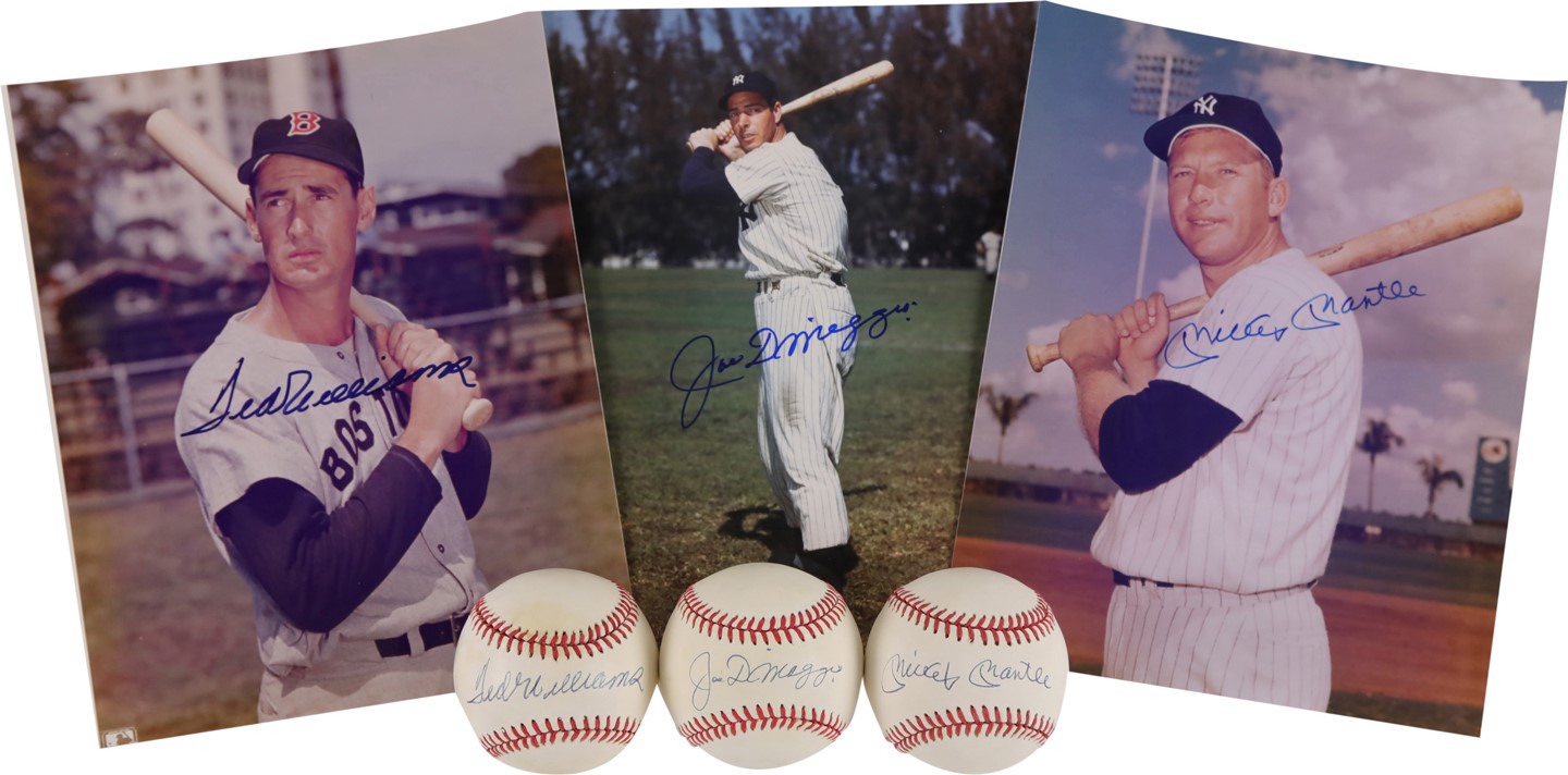 Baseball Autographs - Mantle, DiMaggio & Williams Signed Baseballs and Photos (6) (PSA)