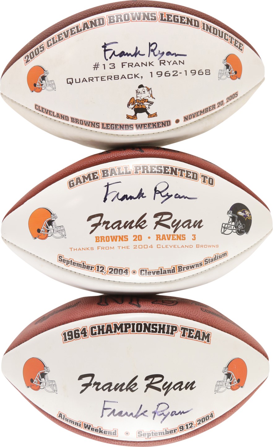 - Three Cleveland Browns Signed Presentational Footballs by Frank Ryan