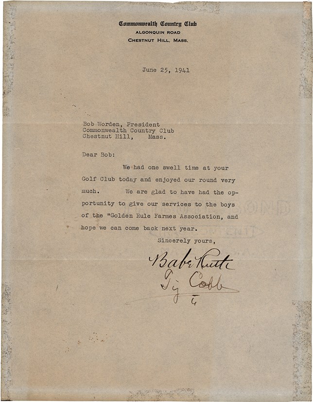 Baseball Autographs - 1941 Babe Ruth & Ty Cobb "Golf Duel" Signed Letter with Provenance (PSA)