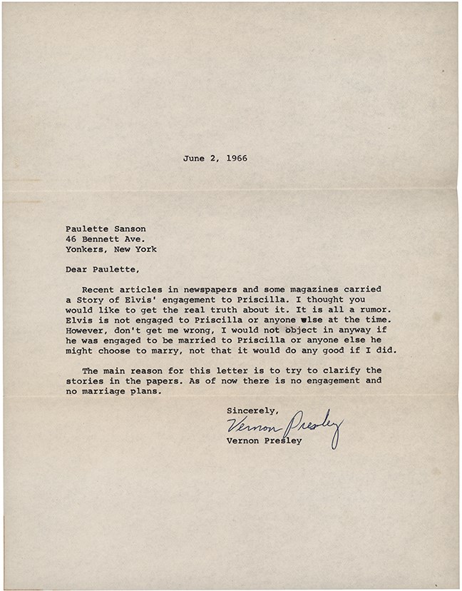 - 1965 "Elvis is Not Engaged to Priscilla" Letter from Vernon Presley