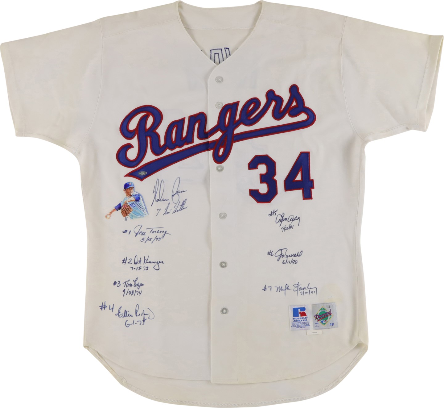 Baseball Autographs - Nolan Ryan "7 No-Hitters" 1 of 1 Hand Painted Jersey - Signed by Ryan and the Catchers who Caught Each No-Hitter (Ryan Holo) (PSA)
