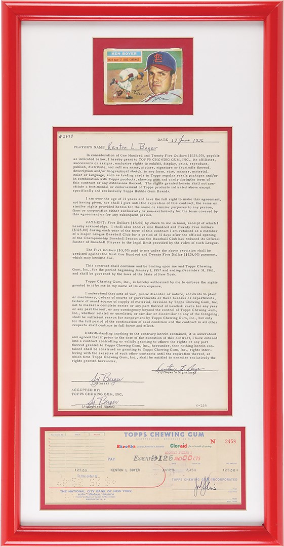 Baseball Autographs - 1956 Topps Ken Boyer Signed Contract w/Signed Card Display