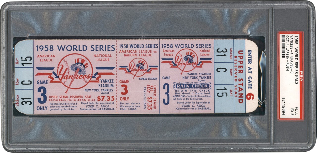 - 1958 New York Yankees World Series Game 3 Full Ticket PSA EX 5 (Pop 1 of 1 - Highest Graded)