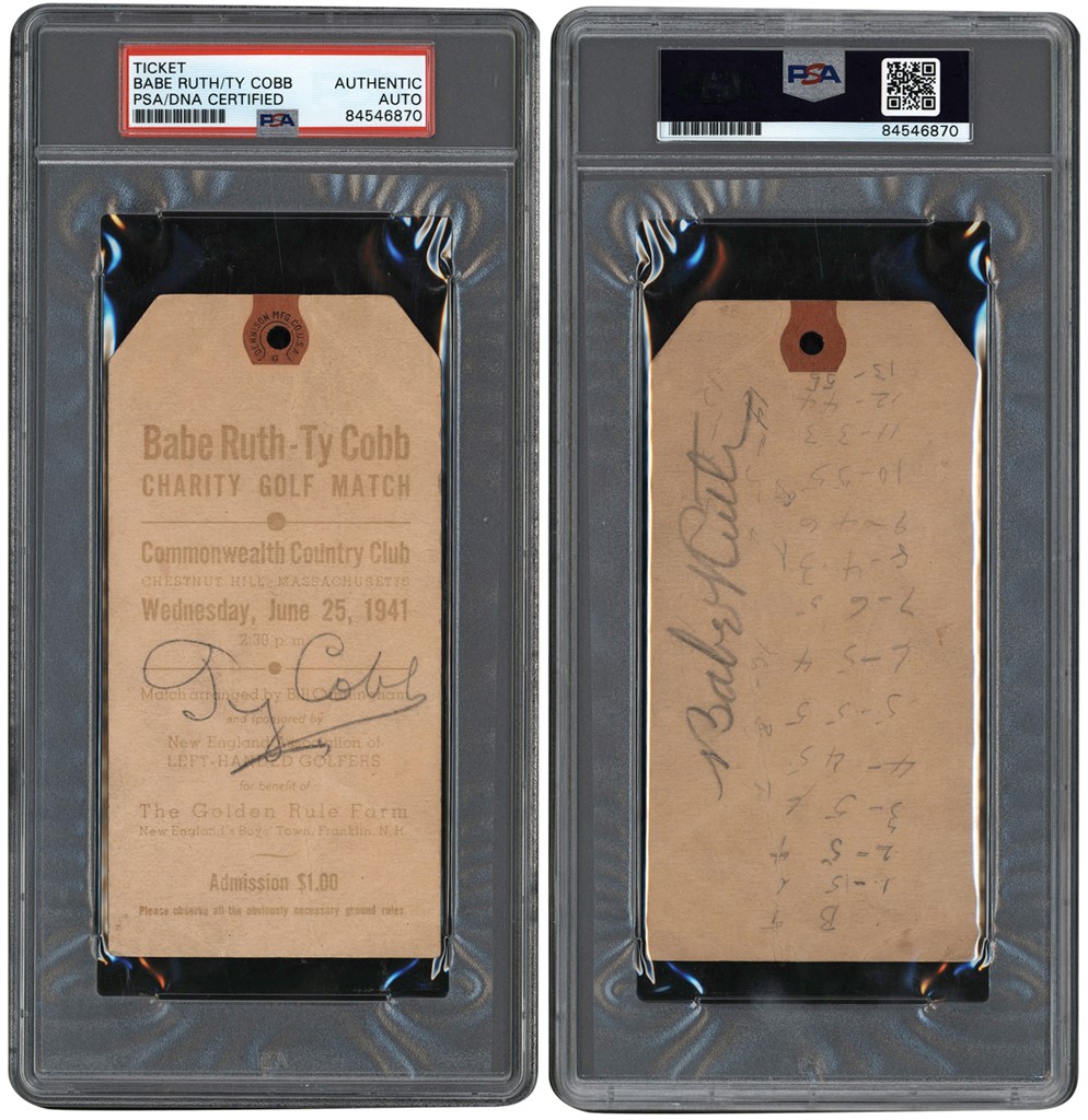 Baseball Autographs - 1941 "Babe Ruth-Ty Cobb Charity Golf Match" Ticket - Signed by Ruth & Cobb (PSA)
