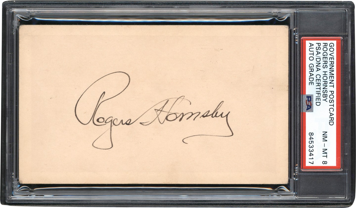 Baseball Autographs - Rogers Hornsby Signed Government Postcard (PSA NM-MT 8 Auto)