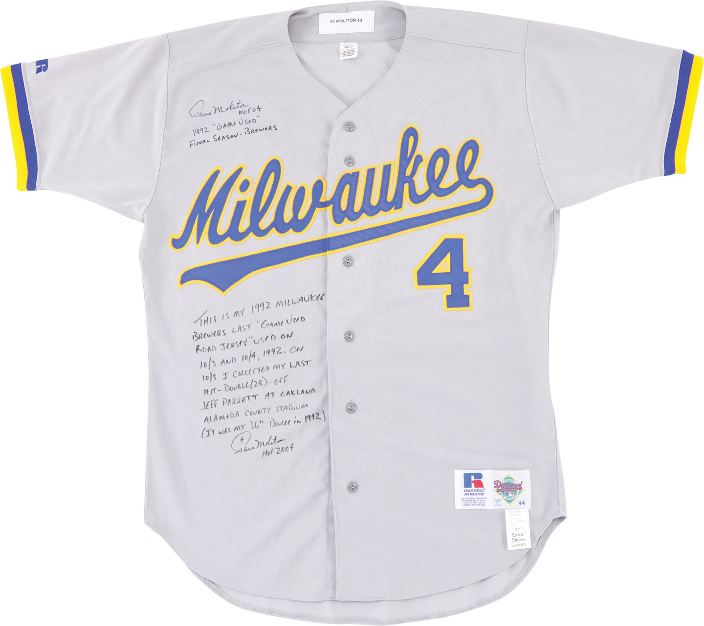 Baseball Equipment - 1992 Paul Molitor Last Milwaukee Brewers Game Worn Jersey w/Lengthy Inscriptions (Molitor Letter)