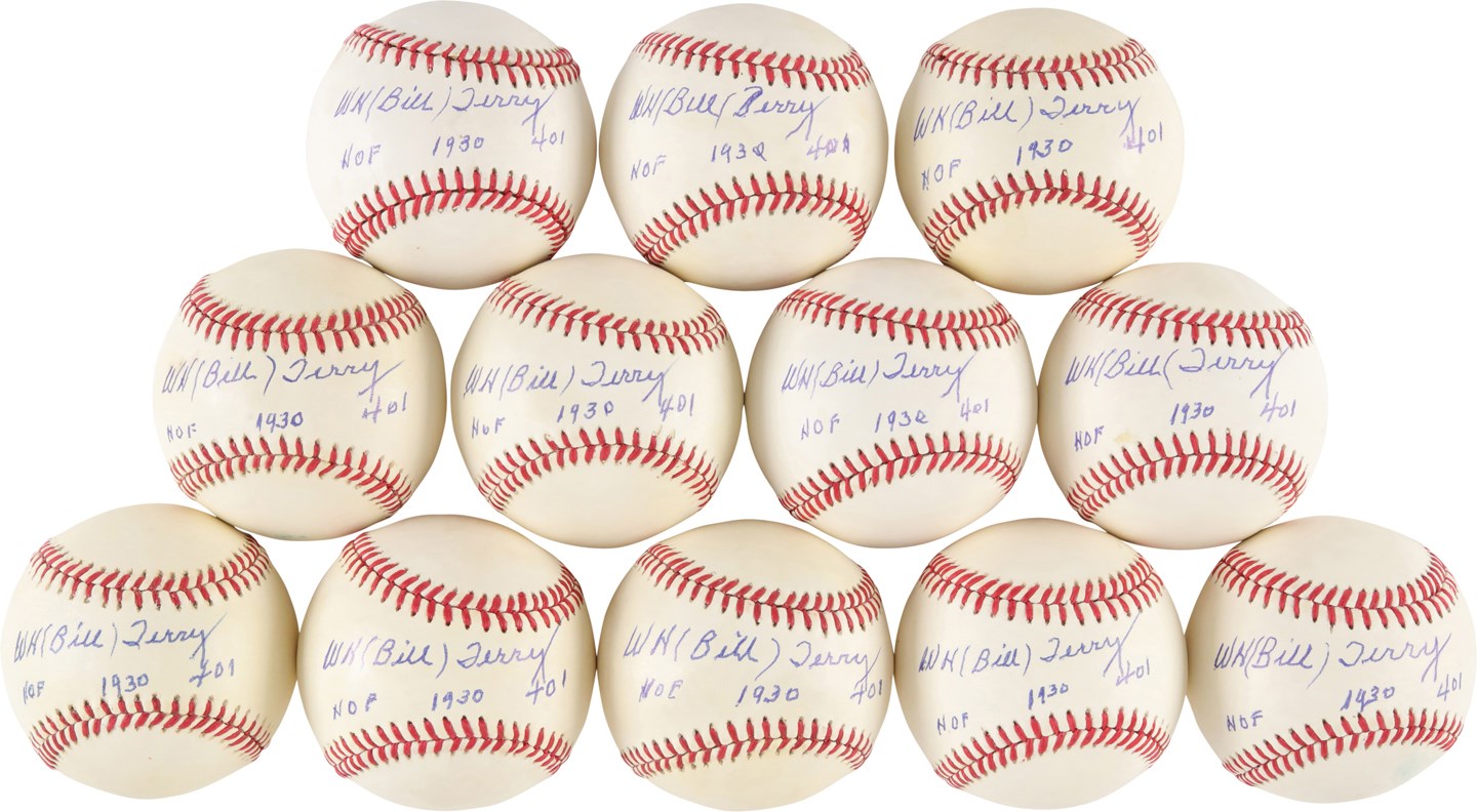 Baseball Autographs - One Dozen Bill Terry Signed "HOF 1930 .401" Inscribed Baseballs