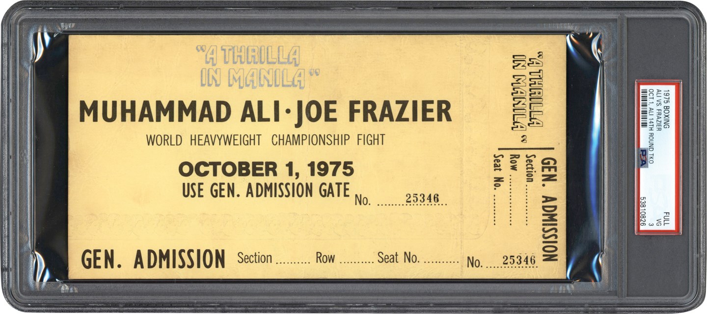 #1 Muhammad Ali PSA Ticket Collection - 1975 Muhammad Ali vs. Joe Frazier III "Thrilla in Manila" Full Ticket PSA VG 3 (Pop 1 - One Higher)