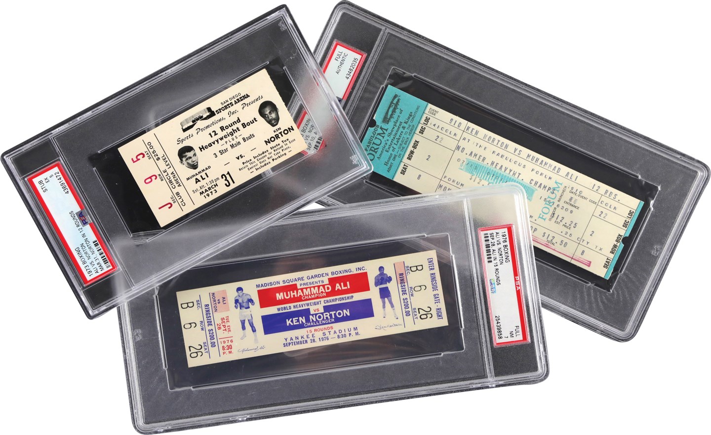 #1 Muhammad Ali PSA Ticket Collection - 1973-76 Muhammad Ali vs. Ken Norton I, II, and III Tickets w/Two Full (All PSA)