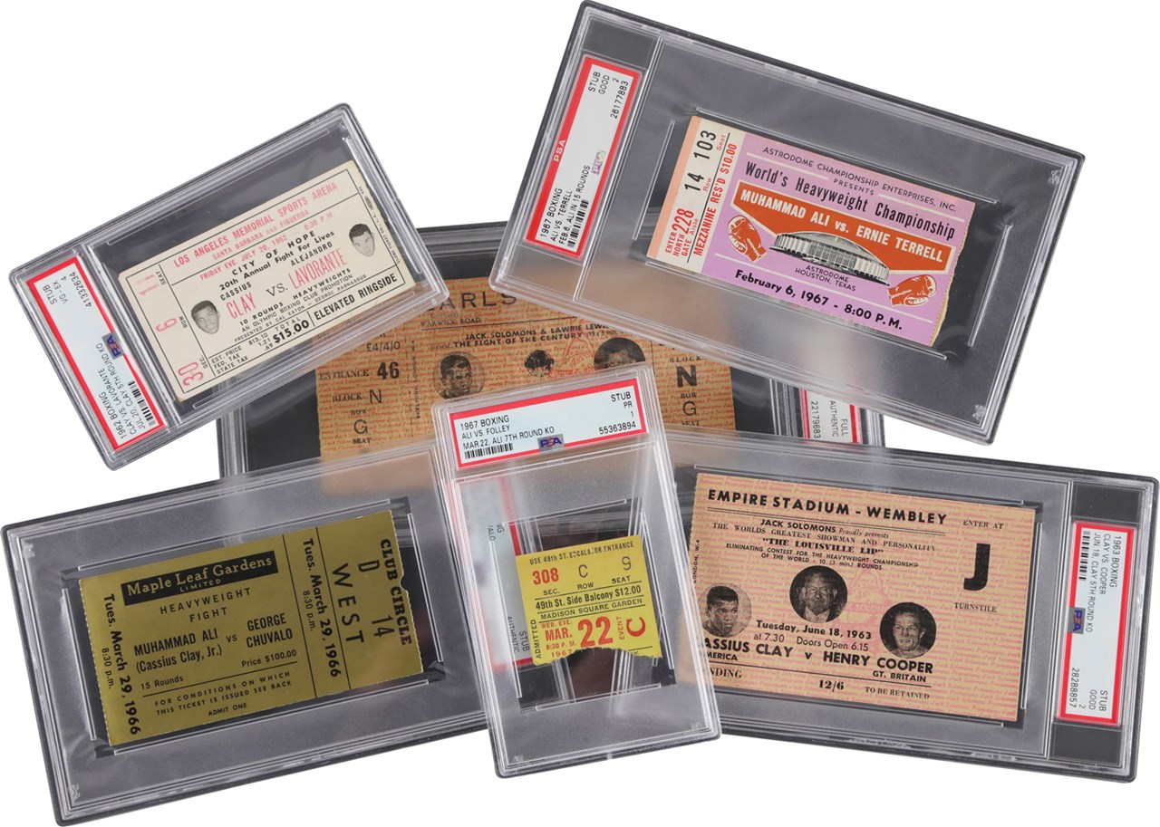 1960s Cassius Clay/Muhammad Ali PSA Graded Ticket Stub Collection w/Folley (6)