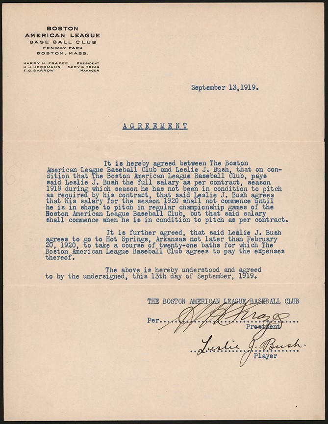 Baseball Autographs - 1919 "Bullet Joe" Bush Boston Red Sox Contract Addendum Signed by Bush and Harry Frazee