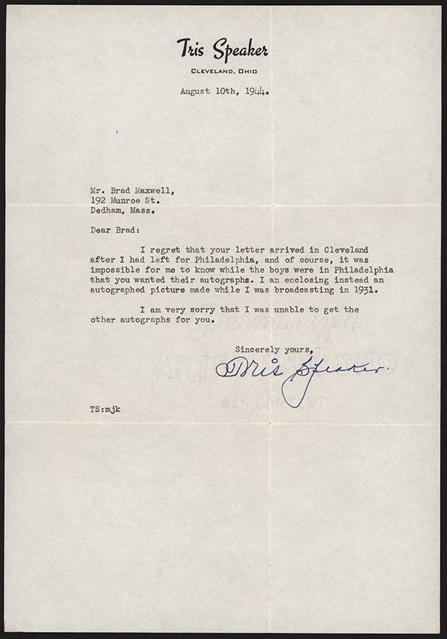 Baseball Autographs - 1944 Tris Speaker Signed Letter (PSA GEM MINT 10 Auto)