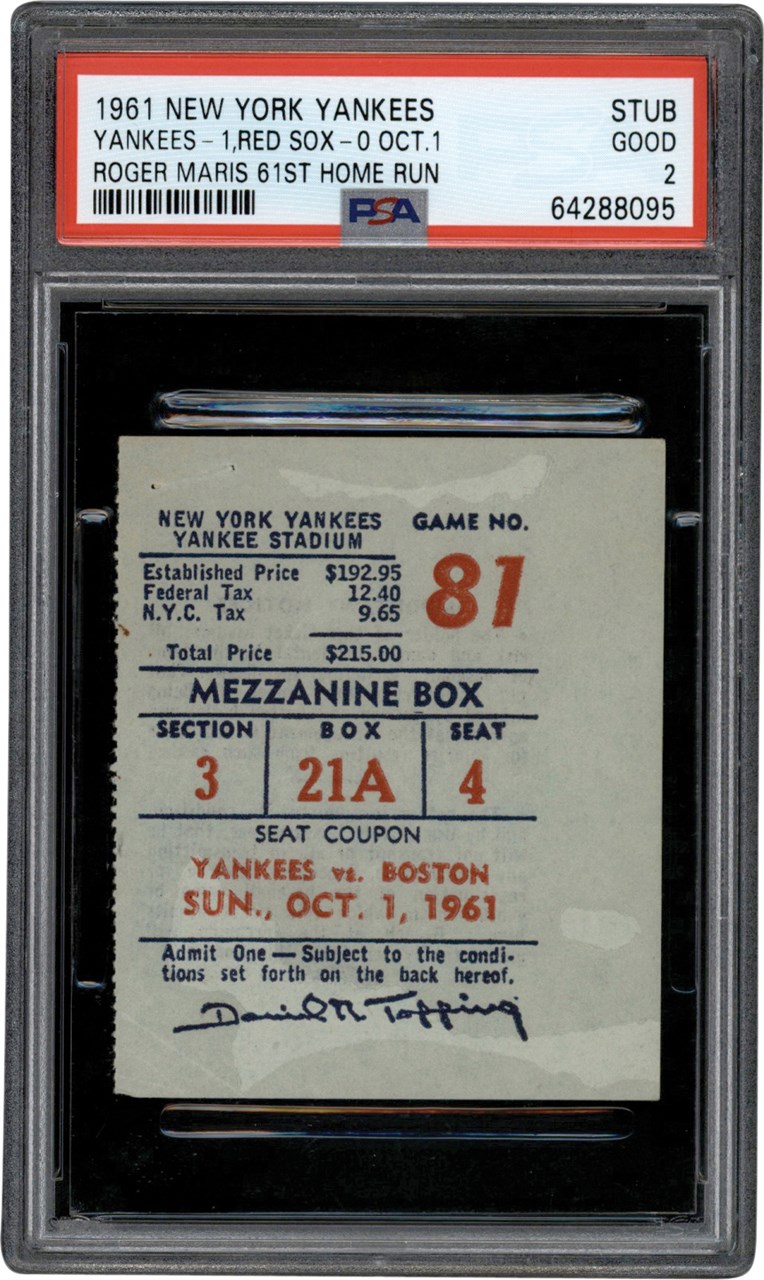 - 1961 Roger Maris Record-Breaking 61st Home Run Season Ticket Stub PSA GD 2