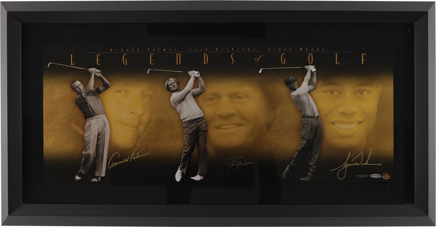 Olympics and All Sports - Tiger Woods, Jack Nicklaus, Arnold Palmer Signed "Legends of Golf" Panorama 179/250 (UDA)