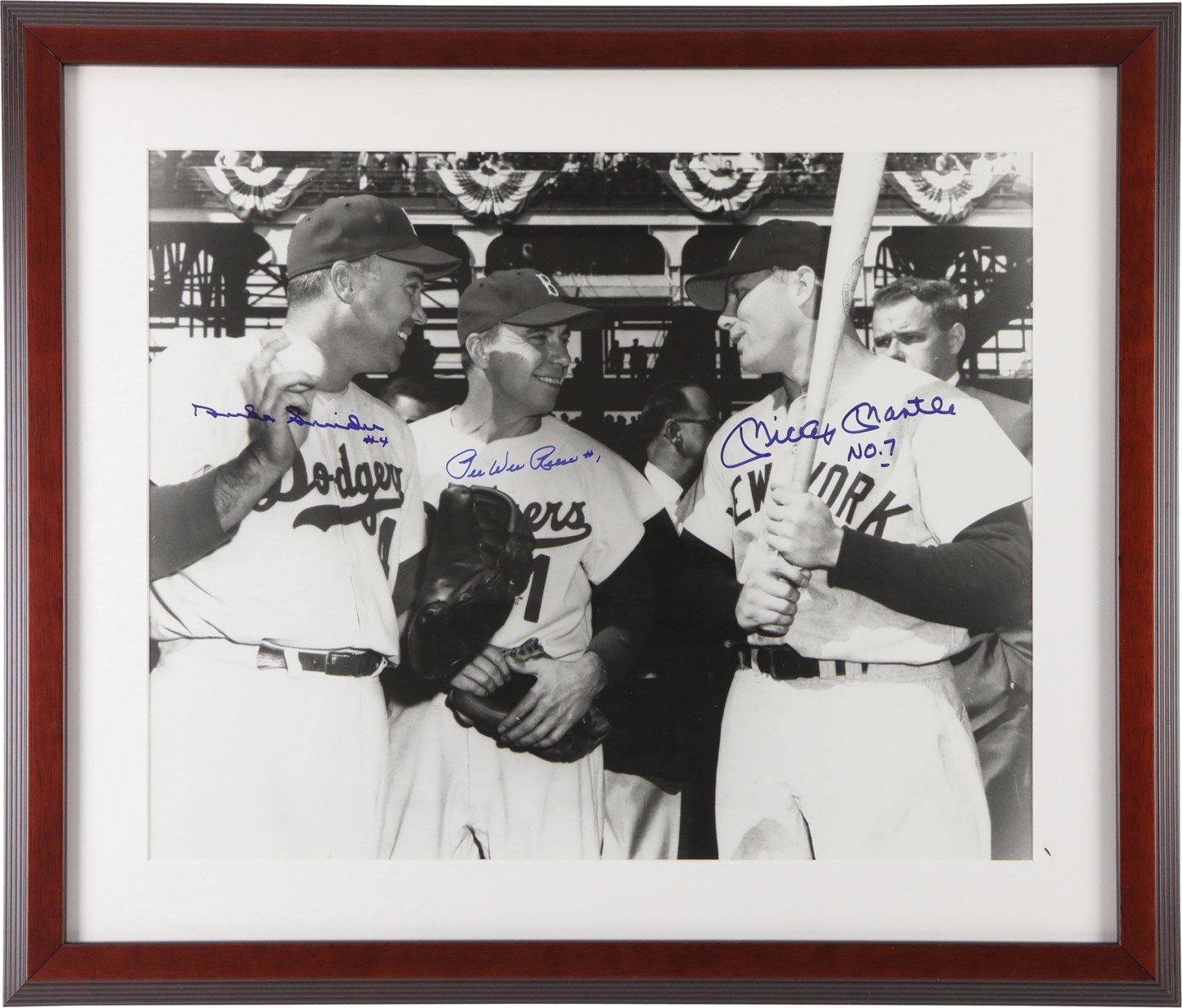 Baseball Autographs - Mickey Mantle, Pee Wee Reese, Duke Snider Signed Oversize Photograph