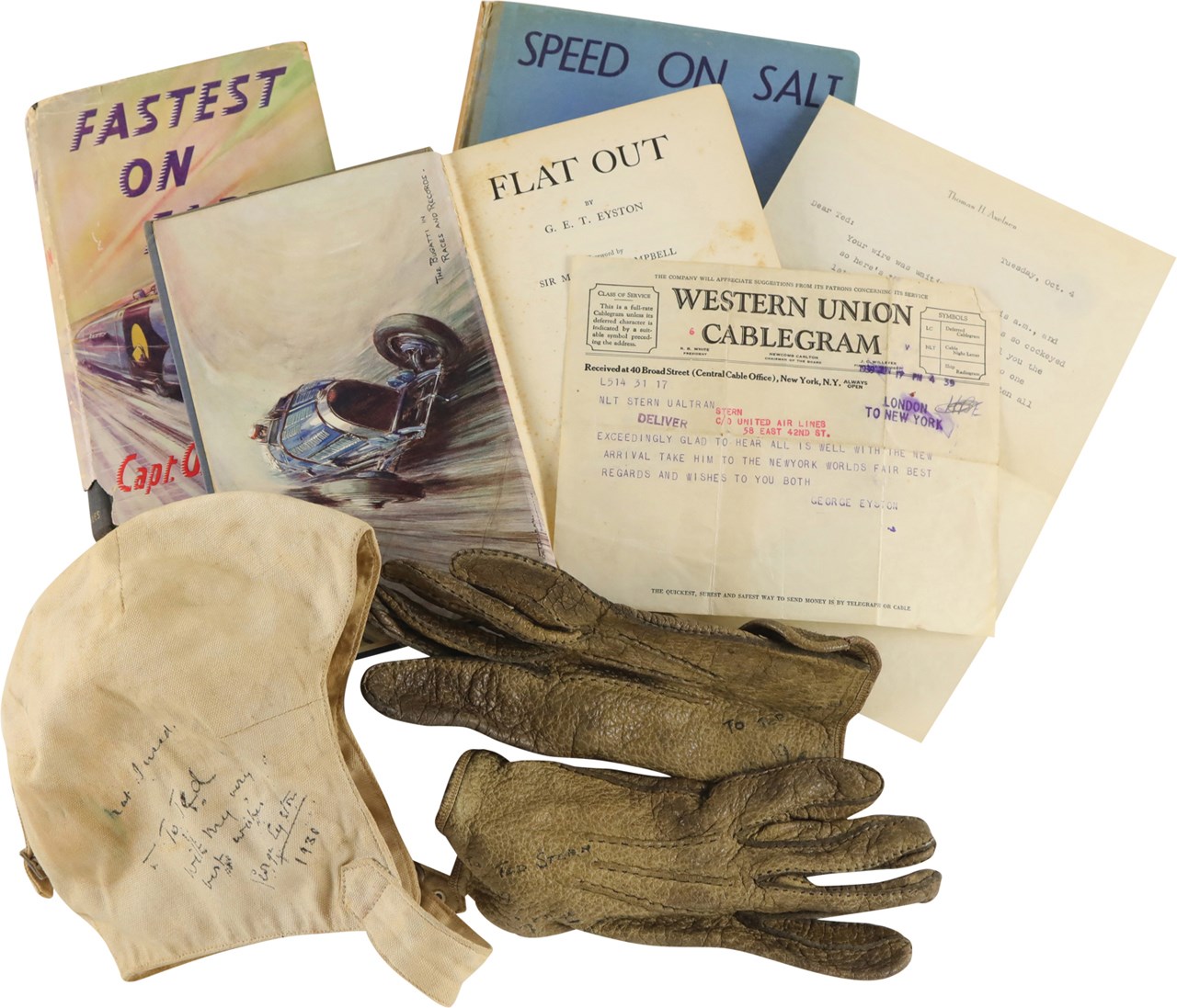 George Eyston Race Worn Gloves and Canvas Helmet Signed to His Public Relations Rep - Land Speed Record Pioneer