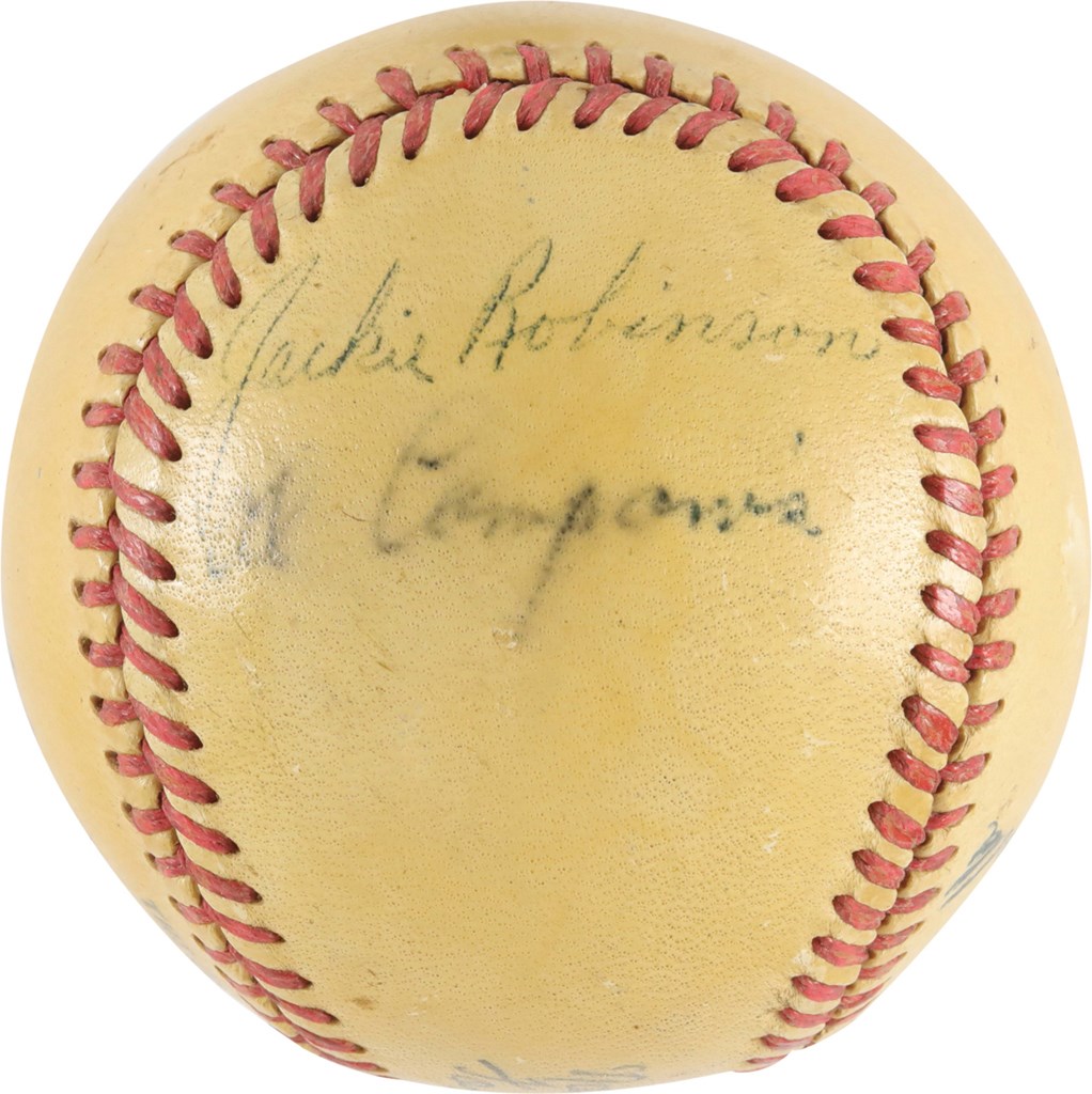 Baseball Autographs - Circa 1949 Jackie Robinson, Al Campanis, and Roy Campanella Signed Baseball (PSA)