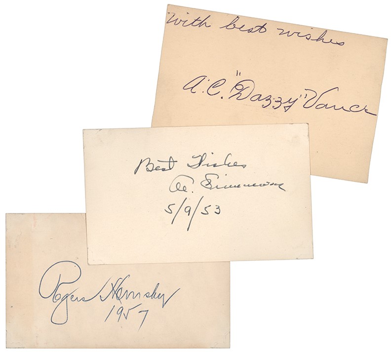 Baseball Autographs - Hall of Famer Signed Index Card Collection (3) - Hornsby, Vance, and Simmons