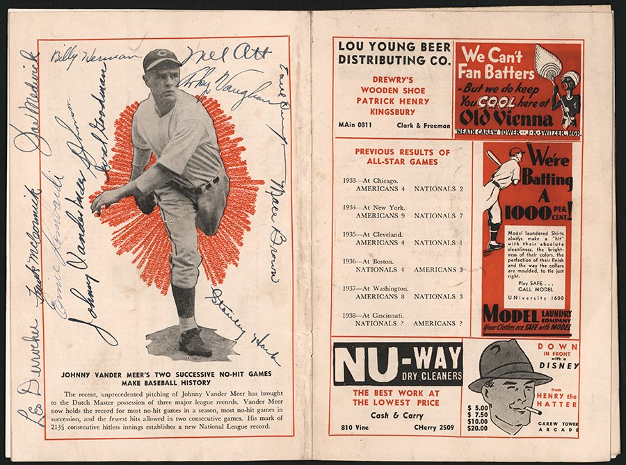 Baseball Autographs - 1938 All Star Game Team-Signed Program w/Mel Ott