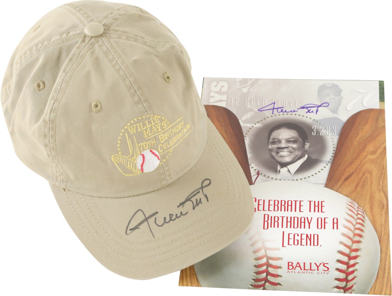 Baseball Autographs - 2001 Willie Mays 70th Birthday Party Signed Invitation and Hat