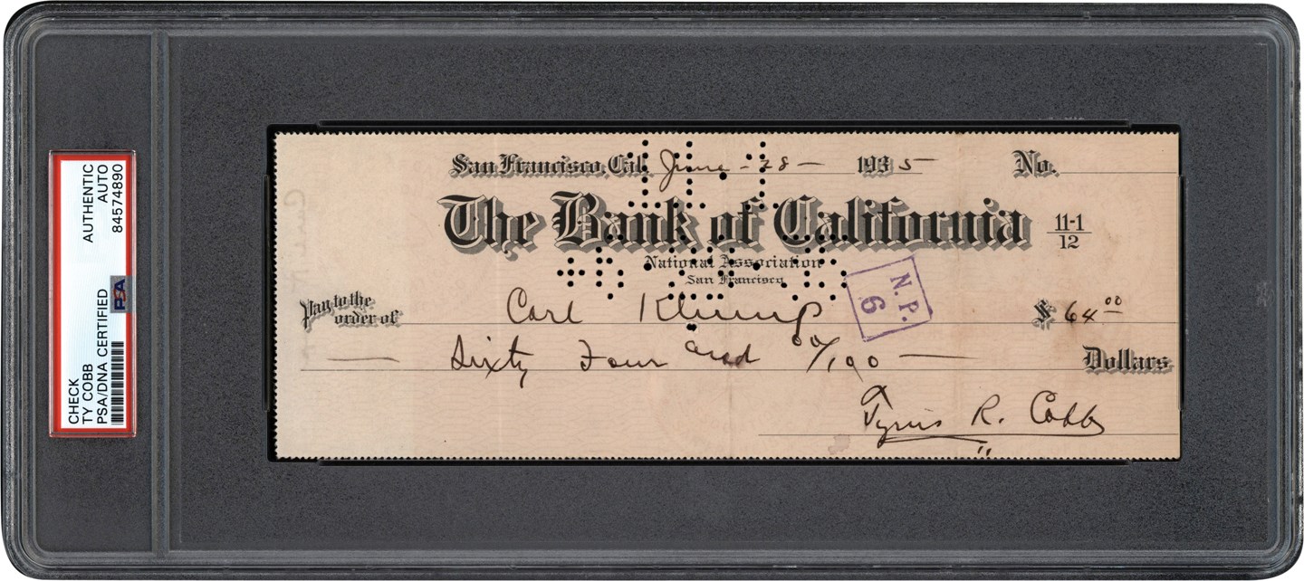 Baseball Autographs - 1935 Ty Cobb Signed Check (PSA)