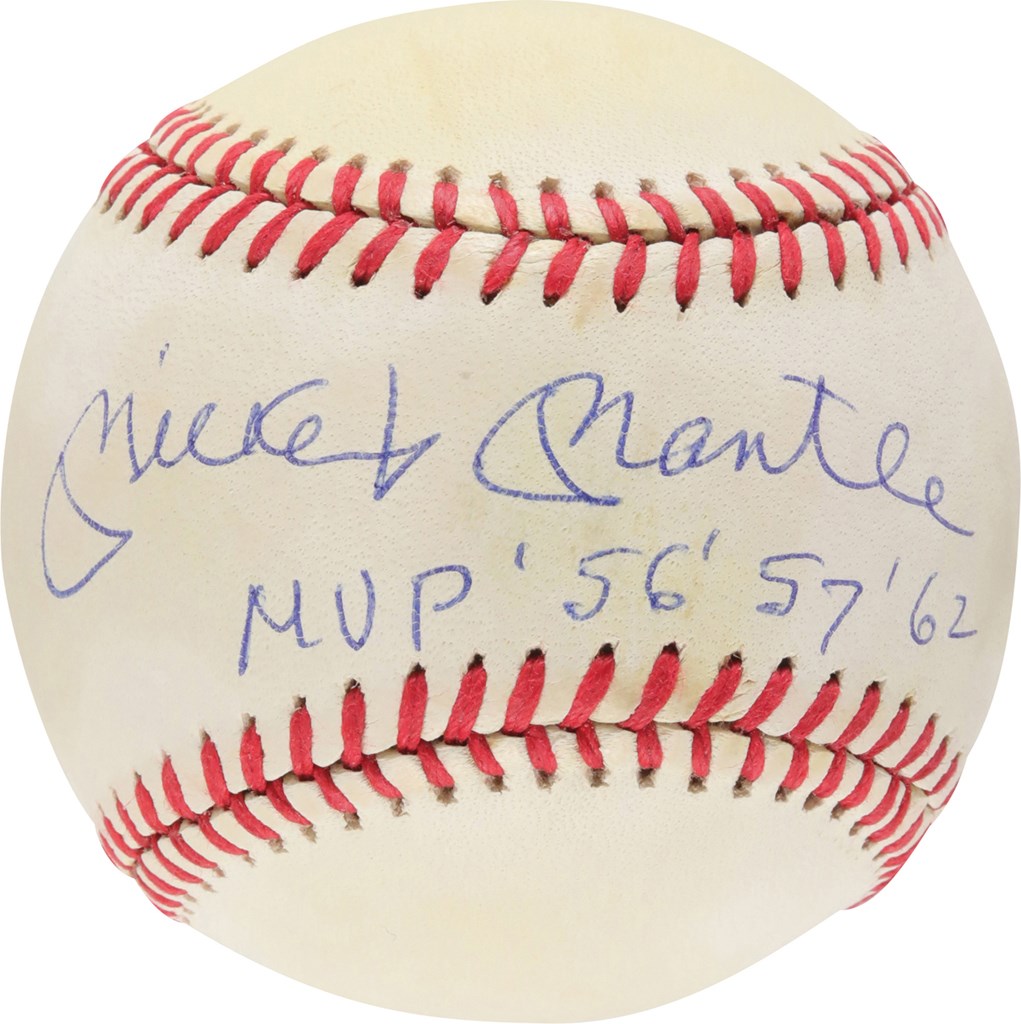 Baseball Autographs - Mickey Mantle "MVP '56 '57 '62" Single Signed Baseball (PSA)