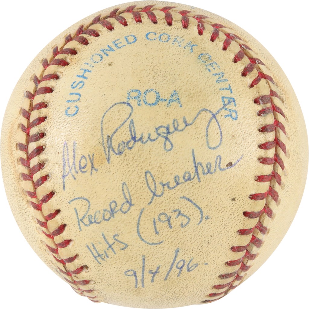 Baseball Autographs - 9/4/96 Alex Rodriguez Hit #193 Baseball - Sets Mariners Single Season Hits Record (PSA)