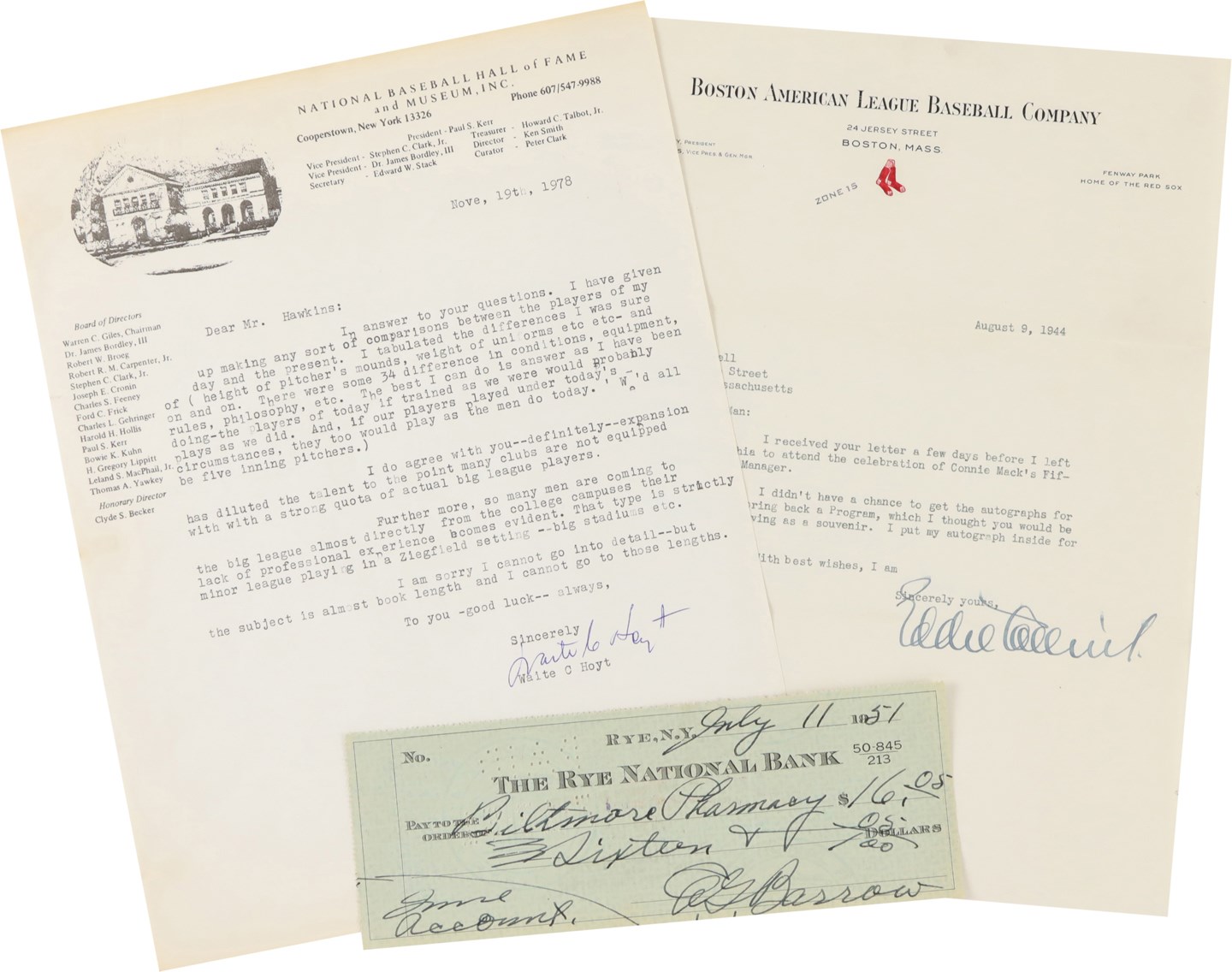 Baseball Autographs - Hall of Fame Letter and Check Collection (3) - Collins, Hoyt & Barrow