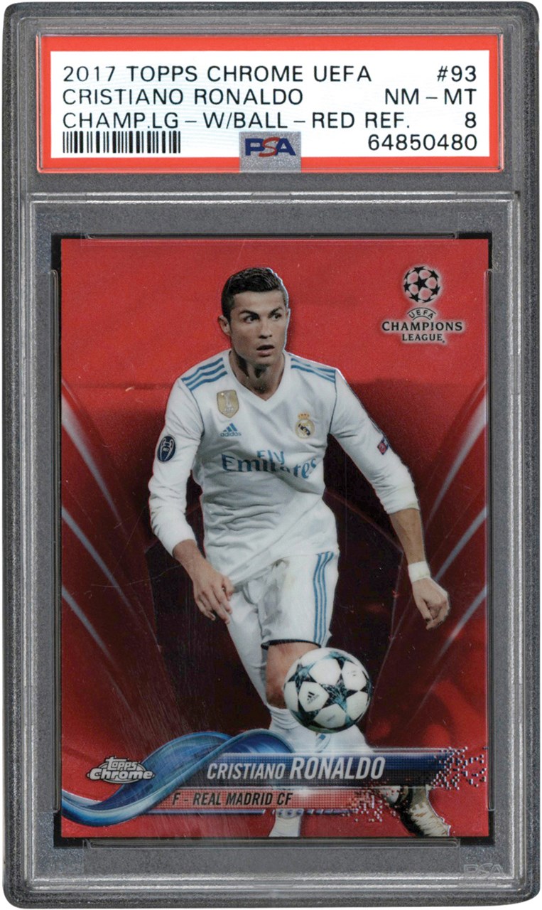 - 017 Topps Chrome UEFA Soccer Champions League Red Refractor #93 Cristiano Ronaldo Card #9/10 PSA NM-MT 8