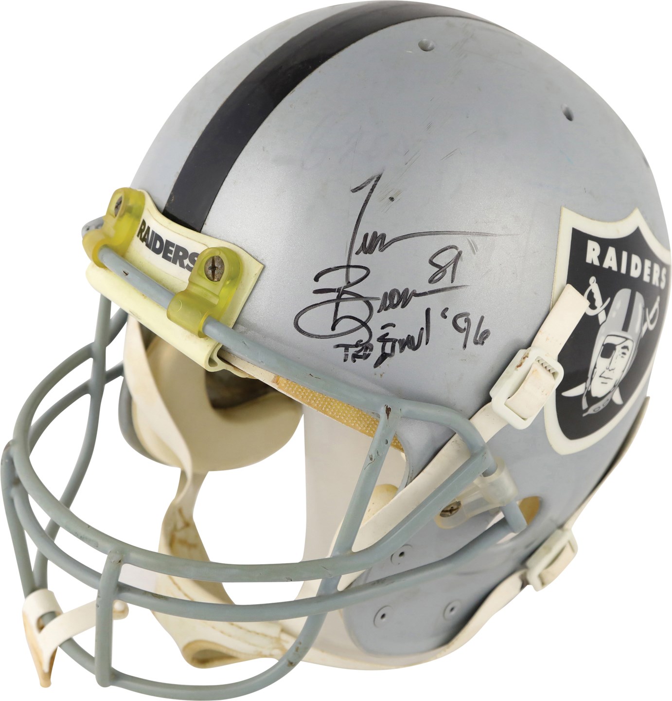 - 1996 Tim Brown Pro Bowl & Season-Long Oakland Raiders Signed Game Used Helmet Photo-Matched to EIGHT Games (Patriots Equipment Manager Provenance)