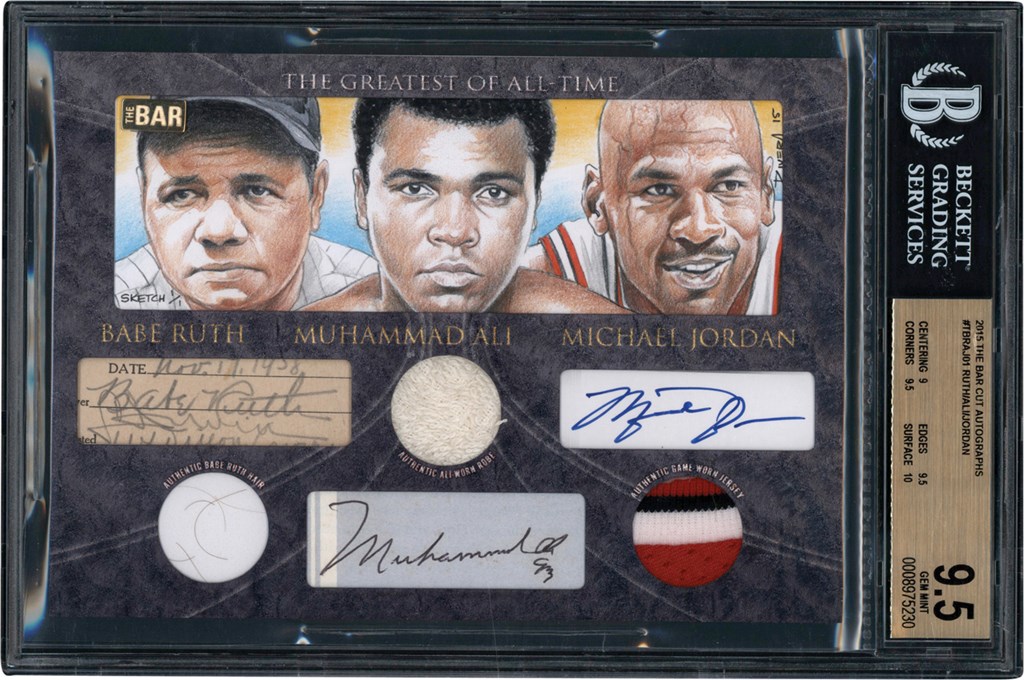 - 2015 The Bar Cut Autographs "GOATS" Babe Ruth, Muhammad Ali, & Michael Jordan Triple Memorabilia Card w/14k Gold Bar & Babe Ruth's Hair #1/1 BGS GEM MINT 9.5 - Auto 10