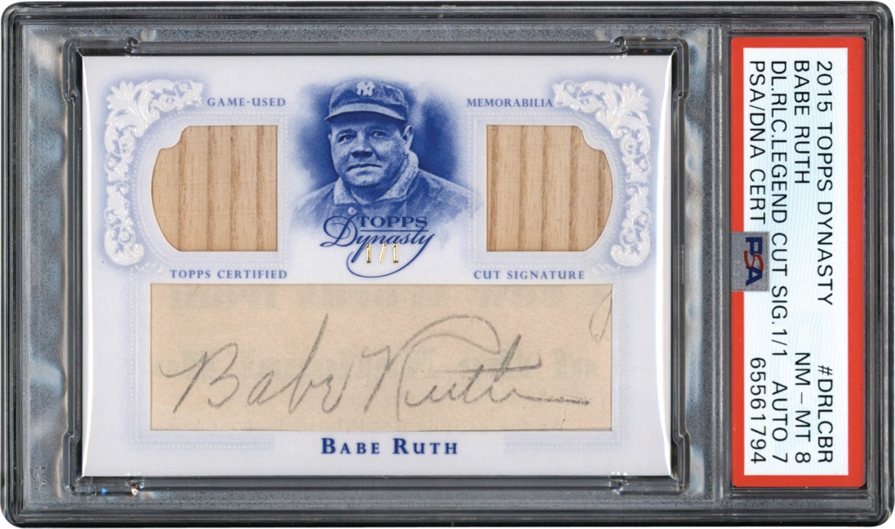 - 015 Topps Dynasty Baseball Dual Relic Cut Signatures #DRLCBR Babe Ruth Game Used Bat Autograph Card #1/1 PSA NM-MT 8 Auto 7