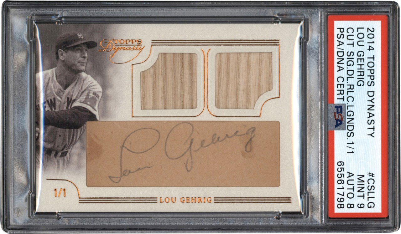 - 2014 Topps Dynasty Baseball Cut Signatures #CSLLG Lou Gehrig Dual Game Used Bat Autograph Card #1/1 PSA MT 9 Auto 8
