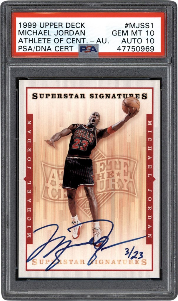 - 999 Upper Deck Basketball Athlete of the Century #MJSS1 Michael Jordan Superstar Signatures Card #3/23 PSA GEM MINT 10 Auto 10 (Pop 1 of 1)