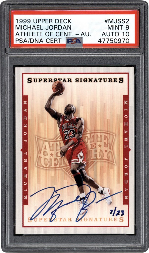 999 Upper Deck Basketball Athlete of the Century #MJSS2 Michael Jordan Superstar Signatures Autograph Card #7/23 PSA MINT 9 Auto 10 (Pop 2 Highest Graded)