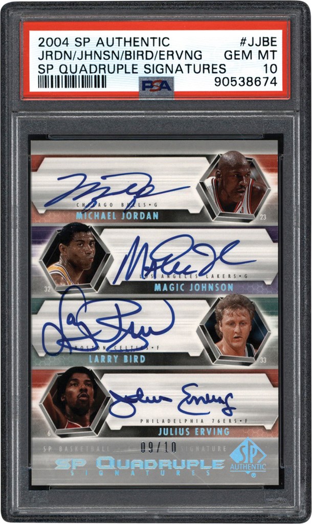 - 004 SP Authentic Basketball Quadruple Signatures #JJBE Michael Jordan, Magic Johnson, Larry Bird, Julius Erving Autograph Card #9/10 PSA GEM MINT 10 (Pop 1 of 1)