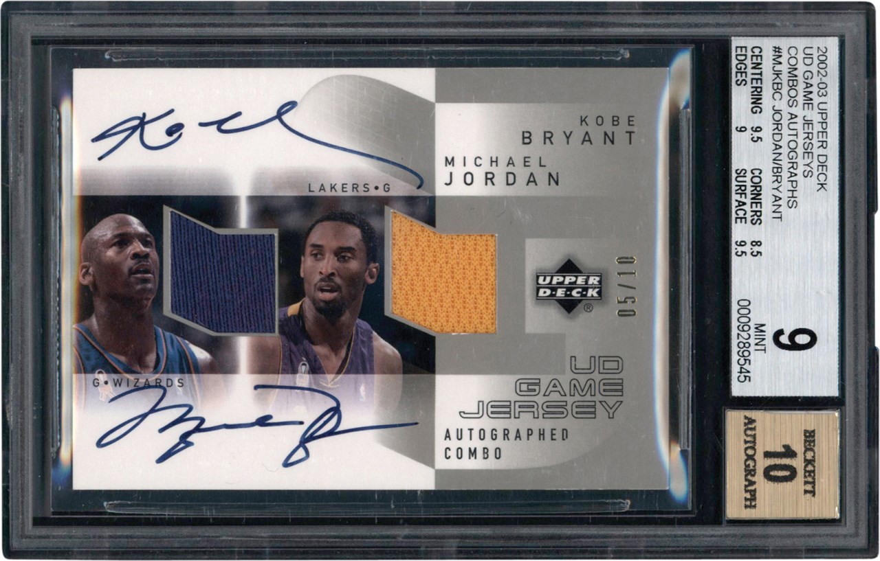 - 002-2003 Upper Deck UD Game Jerseys Combos Autographs #MJKBC Michael Jordan & Kobe Bryant Game Worn Jersey Autograph Card #5/10 BGS MINT 9 Auto 10 (Pop 1 of 1 Highest Graded)