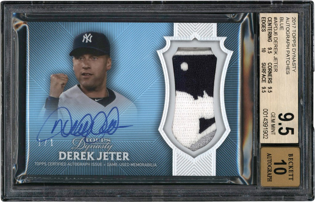 - 017 Topps Dynasty #AP-DJ6 Derek Jeter Game Used MLB Logo Patch Autograph Card #1/1 BGS GEM MINT 9.5 Auto 10 (True Gem+)