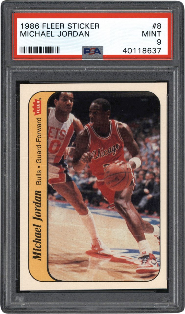- 986-1987 Fleer Basketball Sticker #8 Michael Jordan Rookie PSA MINT 9