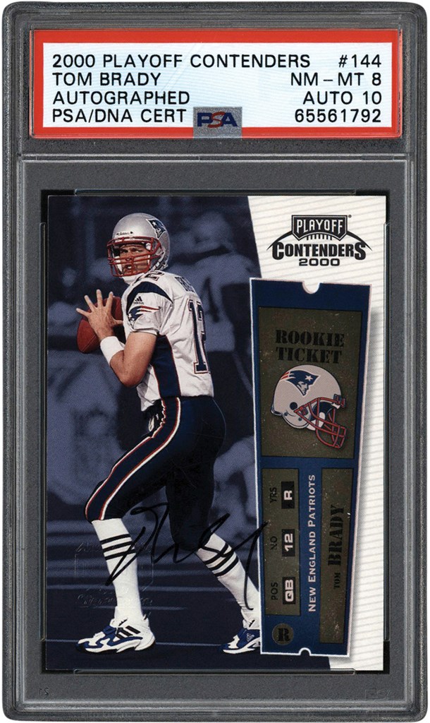 - 000 Playoff Contenders Football Rookie Ticket #144 Tom Brady Rookie Autograph Card PSA NM-MT 8 Auto 10