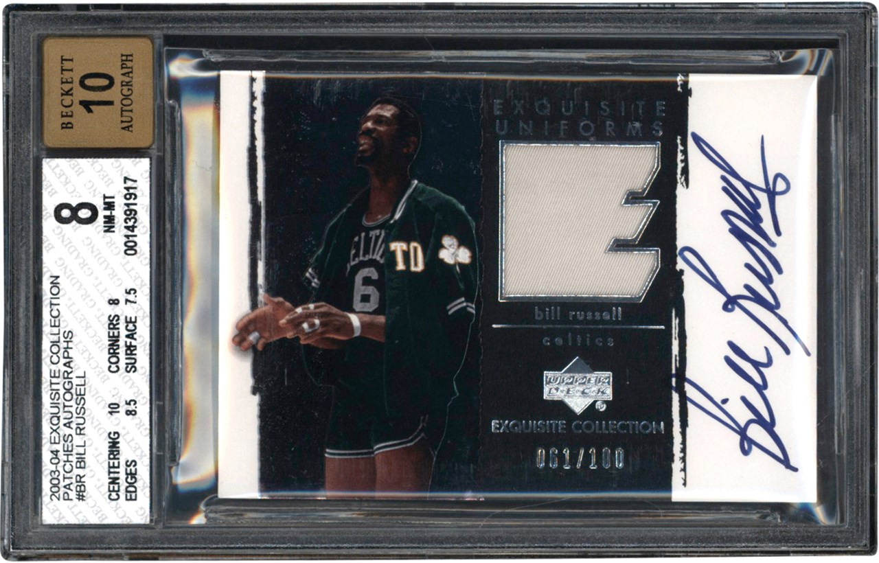 - 003-2004 Exquisite Collection Basketball Patches Autographs #BR Bill Russell Game Used Patch Autograph Card #61/100 BGS NM-MT 8 Auto 10