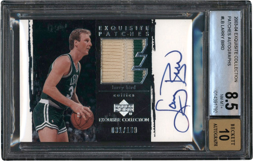 - 003-2004 Exquisite Collection Basketball Patches Autographs #LB Larry Bird Game Used Patch Autograph Card #31/100 BGS NM-MT+ 8.5 Auto 10