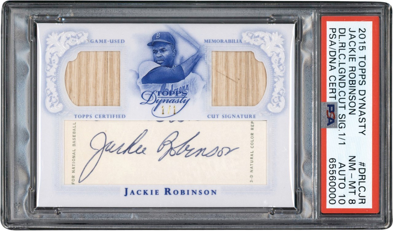 - 015 Topps Dynasty Baseball Dual Relic Cut Signatures #DRLCJR Jackie Robinson Game Used Bat Autograph Card #1/1 PSA NM-MT 8 Auto 10