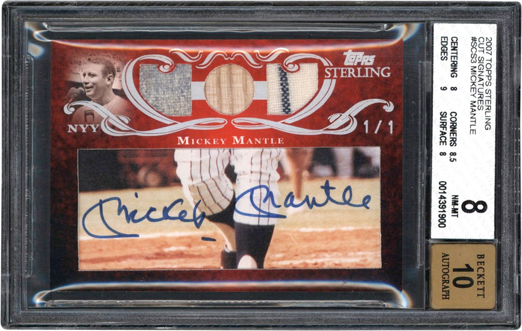 - 2007 Topps Sterling #SCS-3 Mickey Mantle Triple Game Used Cut Autograph Card #1/1 BGS NM-MT 8 Auto 10