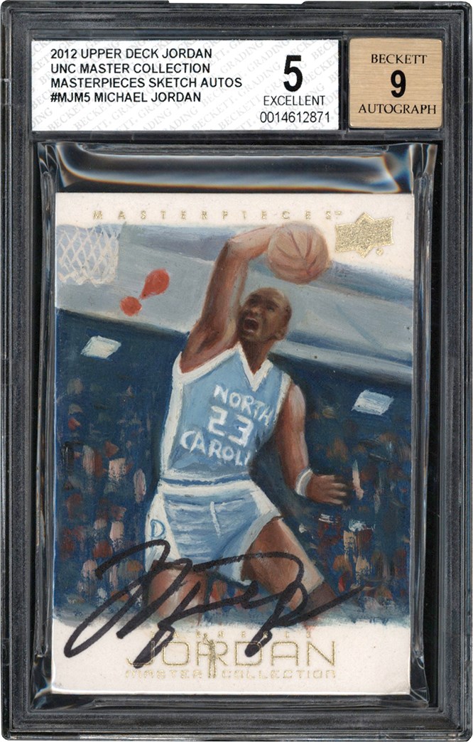 - 011-2012 Upper Deck Jordan UNC Master Collection Masterpieces Sketch #MJM5 Michael Jordan Autograph Card #26/30 BGS EX 5 Auto 9