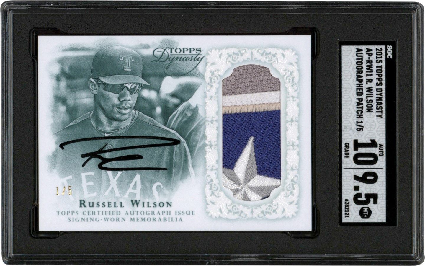 - 015 Topps Dynasty Baseball Russell Wilson Autograph Patch Card #1/5 SGC MINT+ 9.5 Auto 10 (Pop 1 of 1 - Highest Graded)