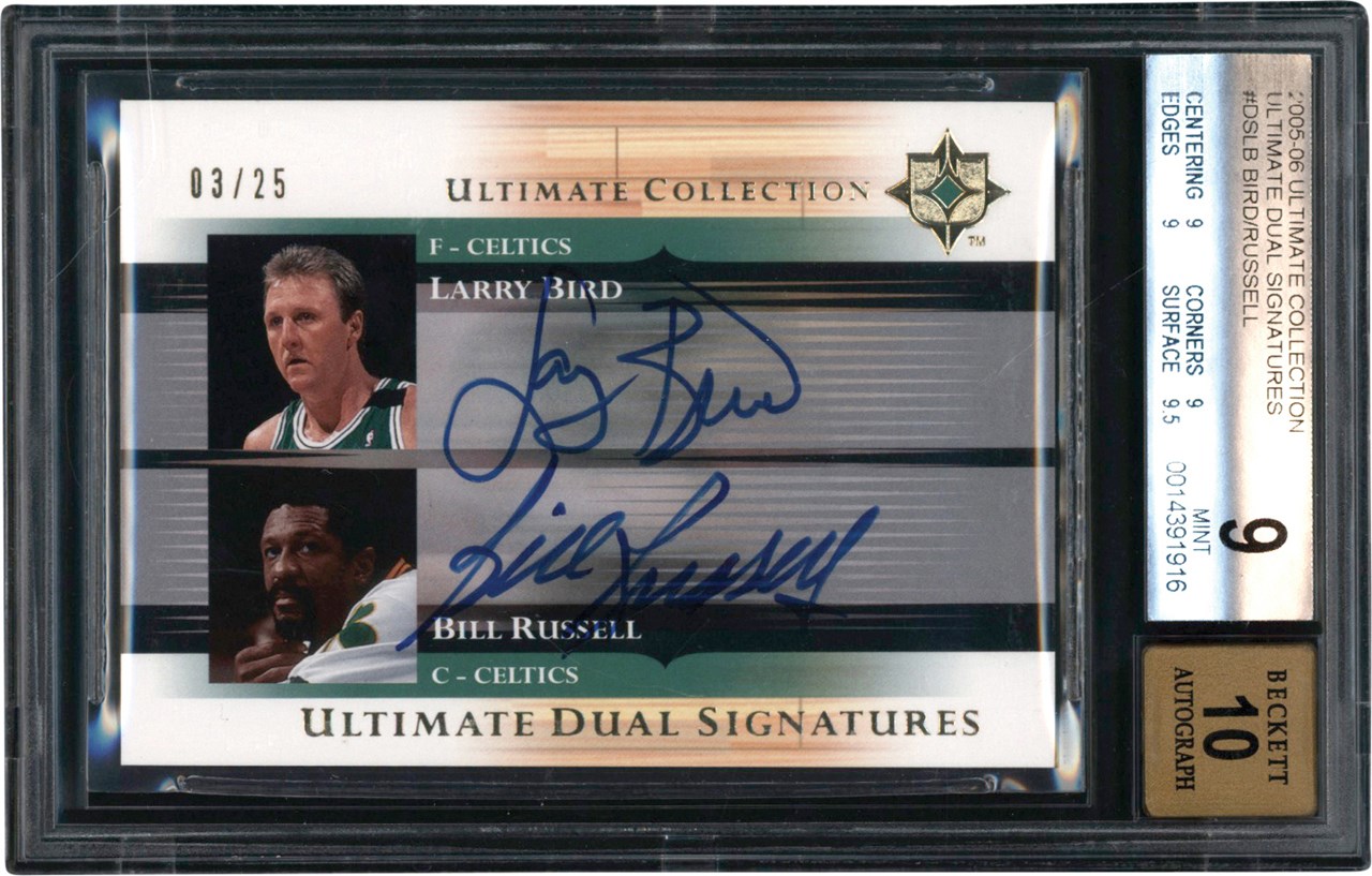 - 005-2006 Ultimate Collection Basketball Dual Signatures #DS-LB Bill Russell & Larry Bird Autograph Card #3/25 BGS MINT 9 Auto 10