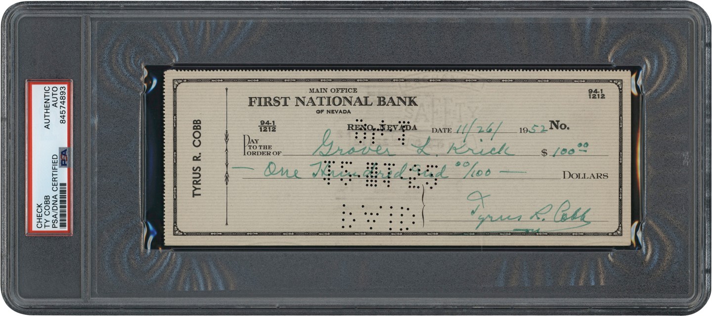Baseball Autographs - 1952 Ty Cobb Signed Check (PSA)